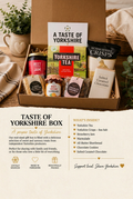 Illustrative Taste of Yorkshire gift box with tea, crisps, jam, marmalade, all-butter shortbread, chocolate cookies and salted caramel chocolate.