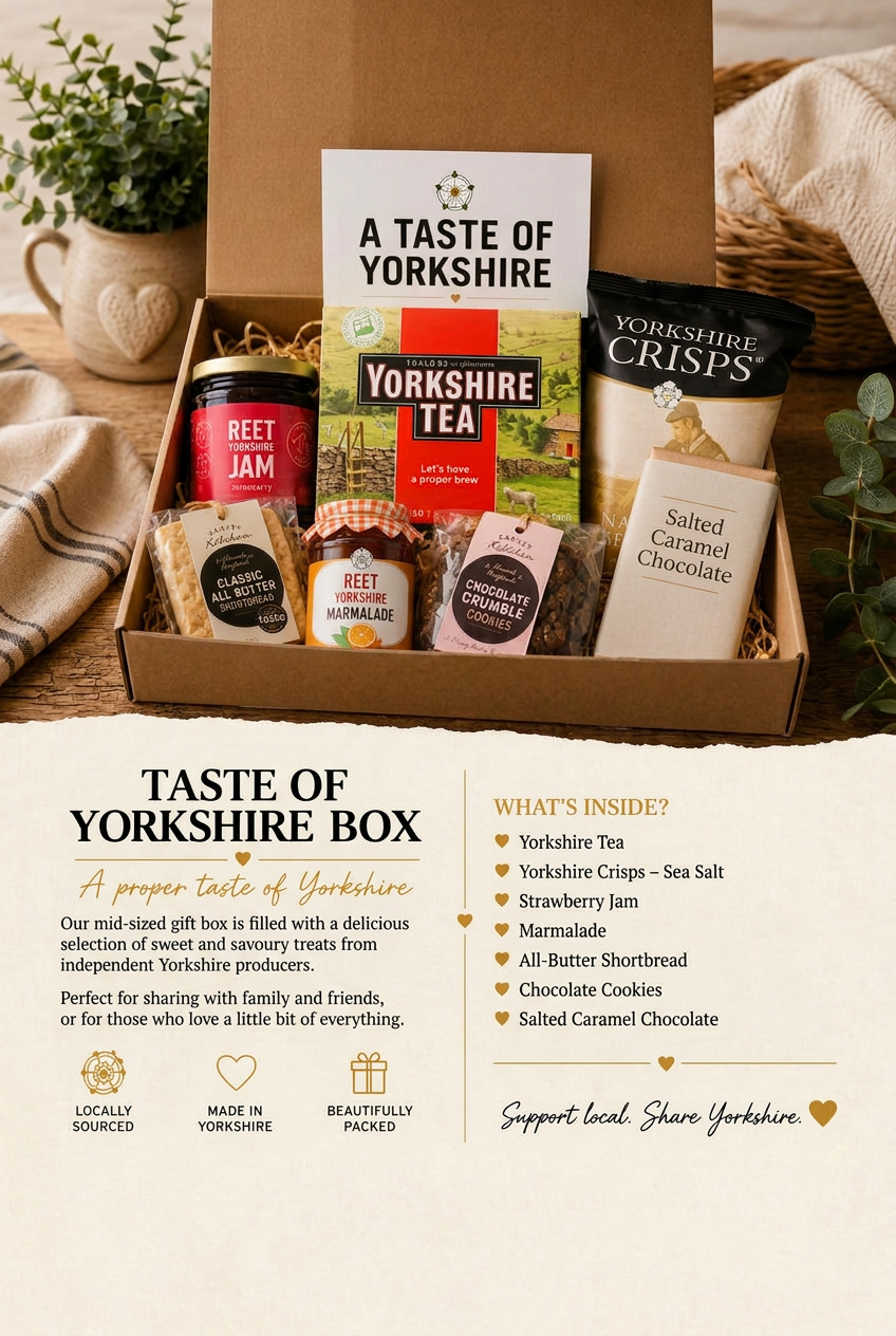 Illustrative Taste of Yorkshire gift box with tea, crisps, jam, marmalade, all-butter shortbread, chocolate cookies and salted caramel chocolate.